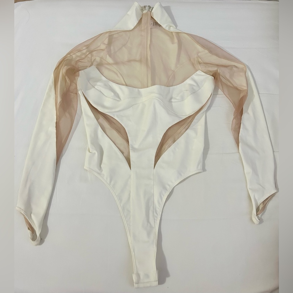 Mugler White Illusion Neck Tulle Bodysuit